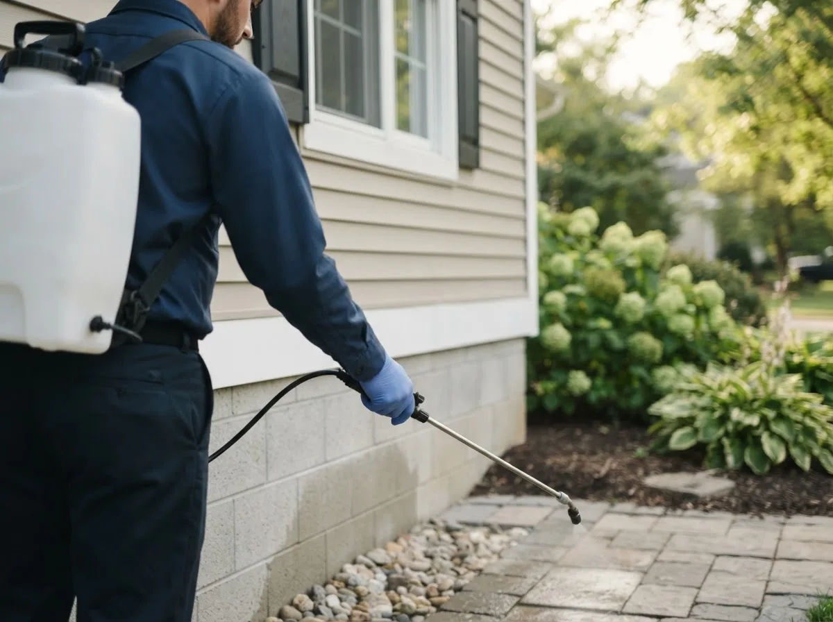 Pest control technician inspecting a home in Clyde, MO